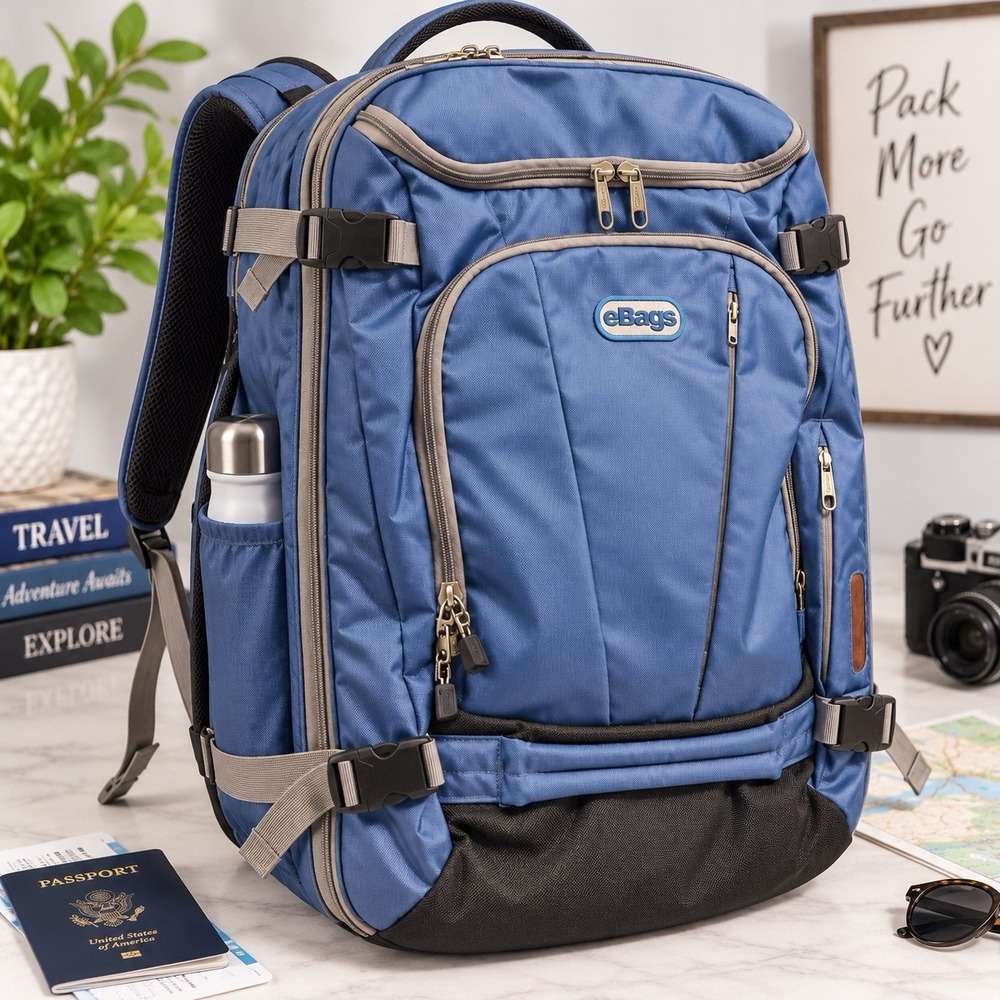 eBags TLS Mother Lode Weekender Convertible Backpack Blue Expandable Carry-On
